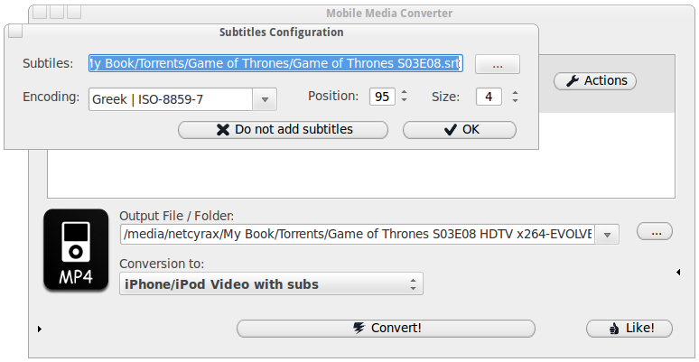 Mobile Media Converter subtitles window